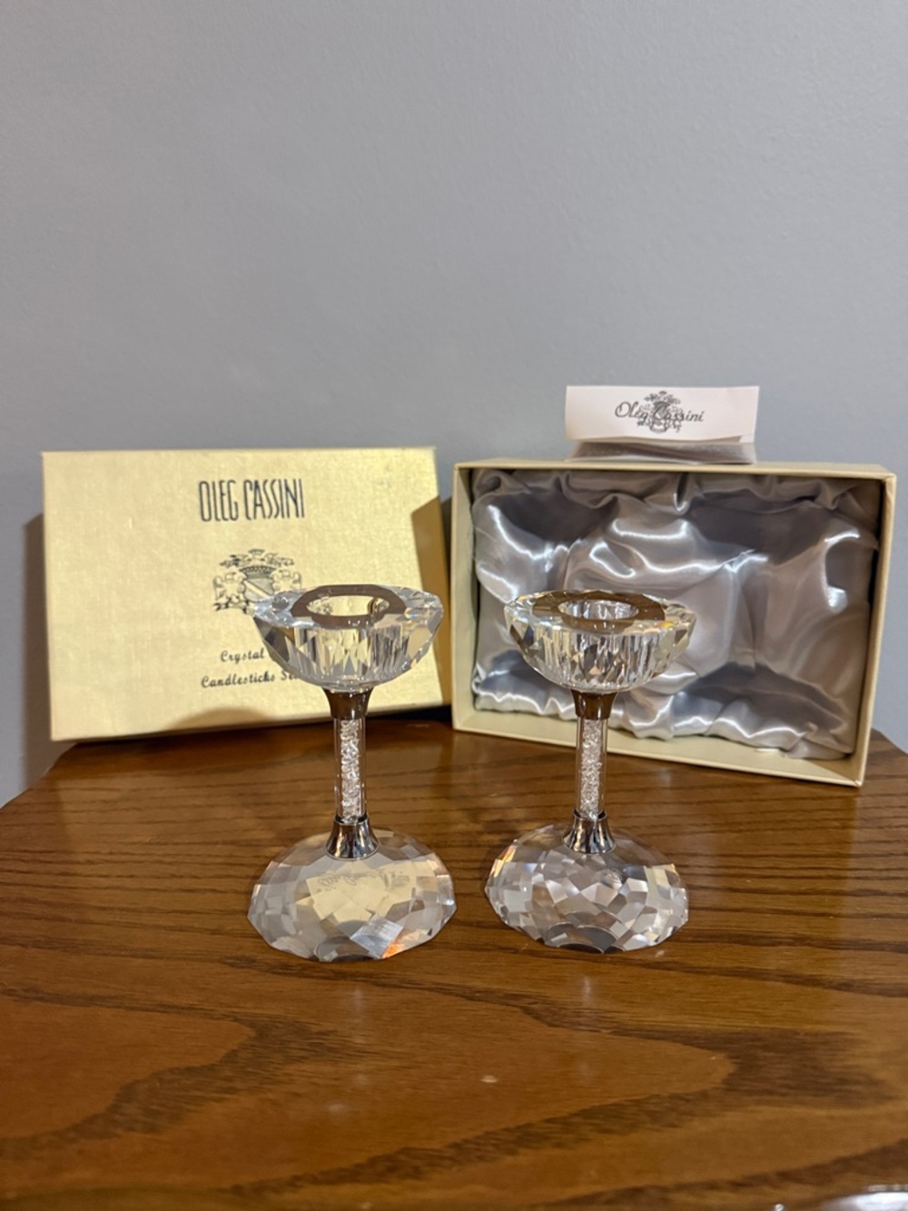Signed Oleg Cassini 4 inch Crystal  Candlestick Holders - Pair